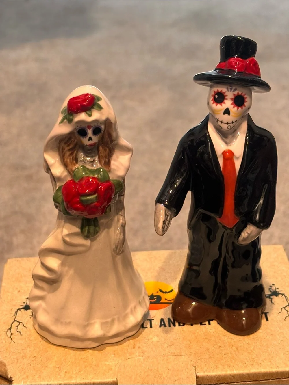 Stoneware Day of the Dead Bride & Groom Salt and Pepper Set - White and Black